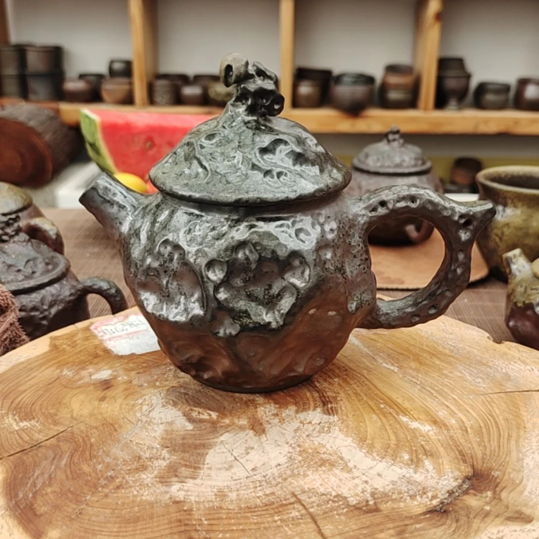 一***狗观山柴烧坭兴陶纯柴烧全手工锤纹壶200c