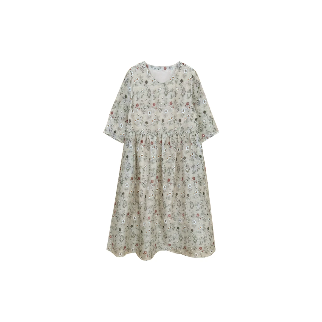 ROYAL MARY高奢时尚气质舒适优雅百搭亚麻桑蚕丝碎花连衣裙FA509