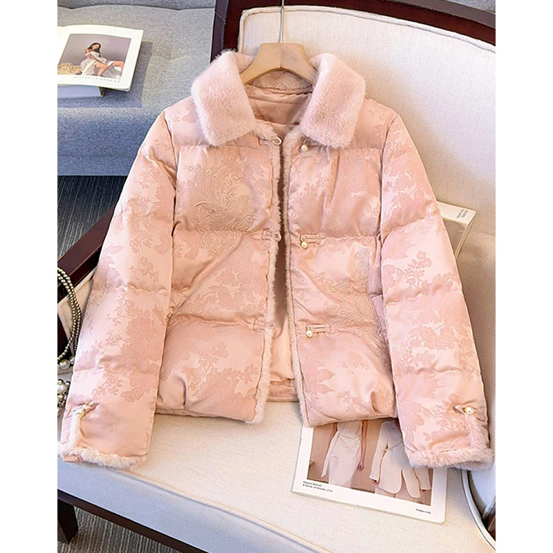 白色新中式国风提花盘扣棉服女2025年冬装新款羊羔毛翻领加厚外套