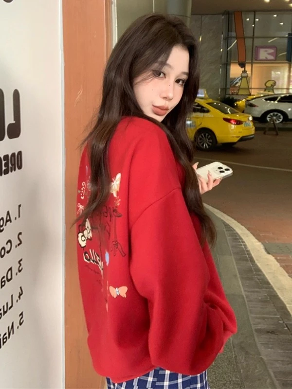 2025秋冬新款上衣美式宽松印花薄款卫衣女刺绣圆领红色百搭中长款