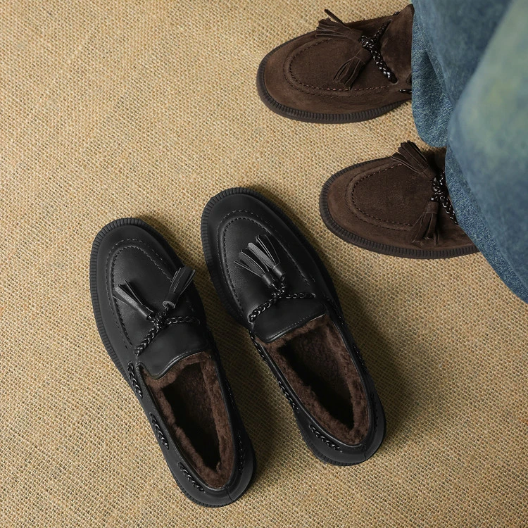 牛羊皮~3cm反绒流苏乐福鞋一脚蹬翻毛休闲手工皮鞋保暖羊毛单鞋女