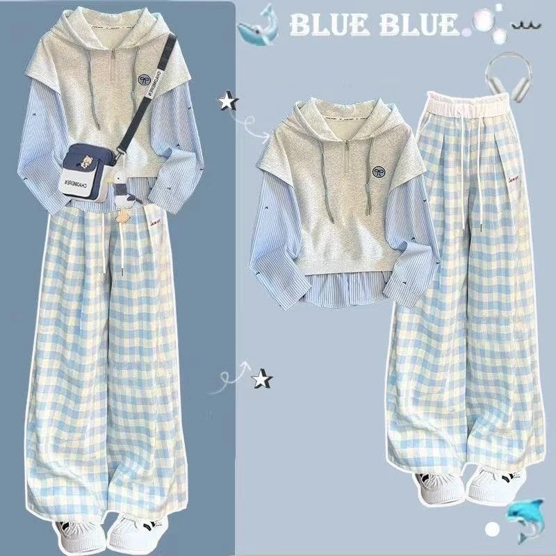 女童秋季套装2025新款中大童学院风洋气假两件连帽卫衣蕾丝格子裤