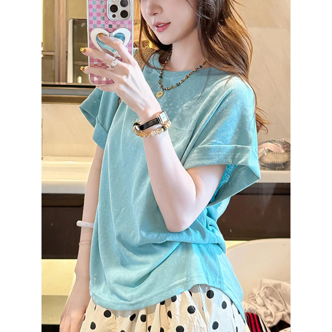 夏日ootd穿搭独特漂亮小上衣多巴胺洋气减龄蓝色雪花棉新短袖t恤