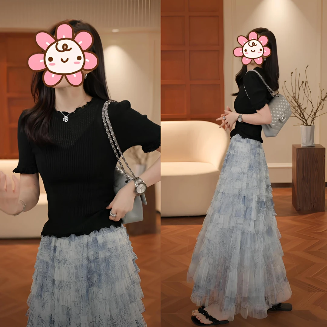 欧若风洋气轻奢套装女2025春夏新款短袖针织衫高腰蛋糕半身长裙子