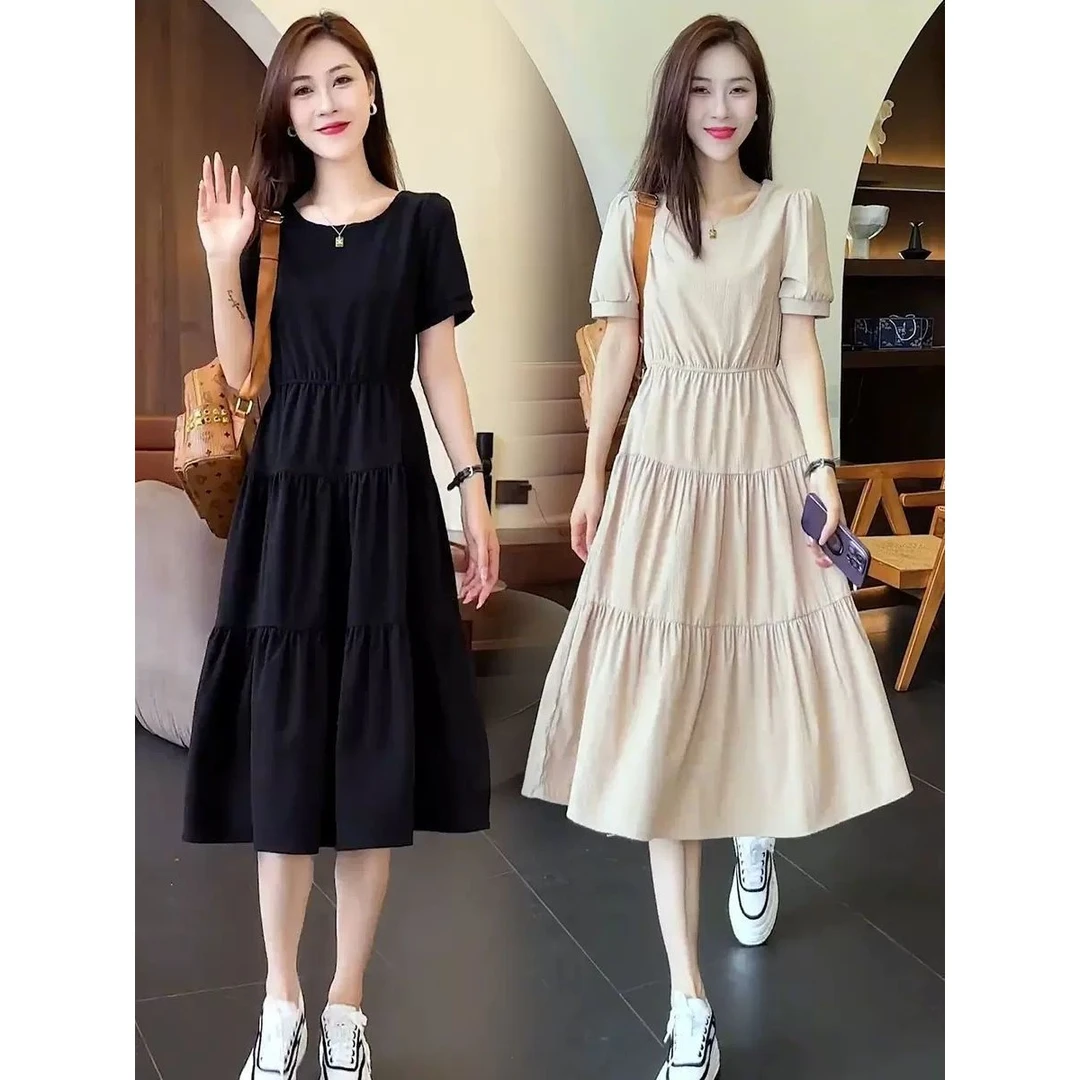 2025夏季新款高腰显瘦大码中长款a字裙子高级感气质短袖连衣裙女
