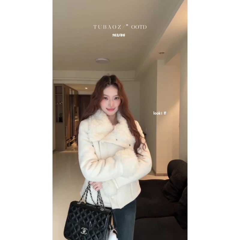 新款韩系千金风毛绒大翻领设计感外套女小香风秋冬保暖潮流女装