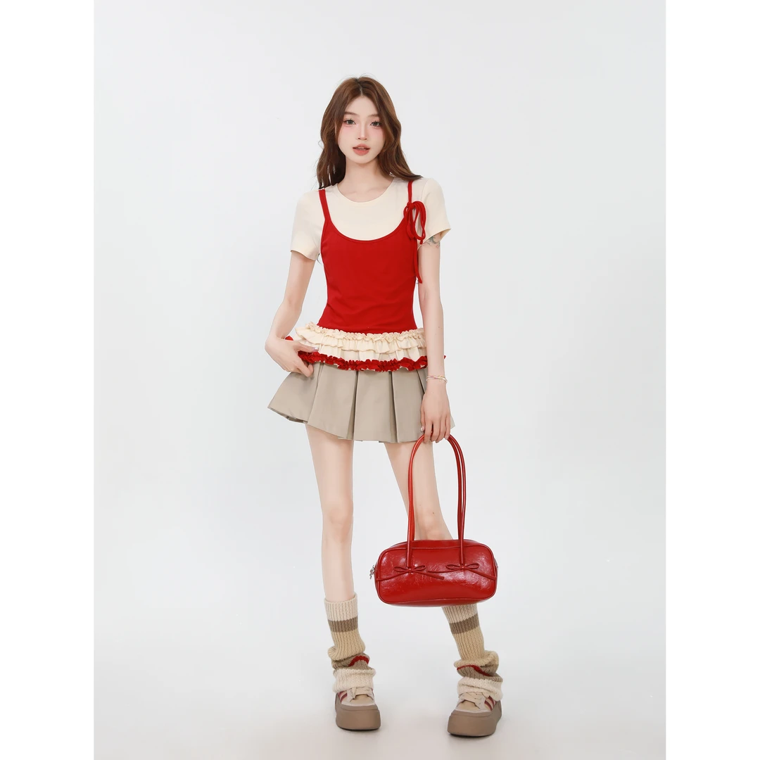 假两件红色短袖t恤女2025新款夏小个子超好看独特漂亮绝美小上衣