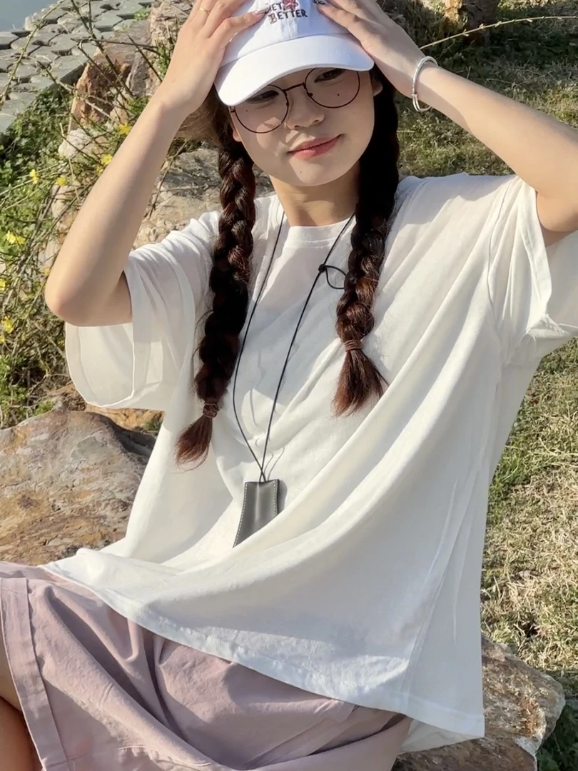 【赵哈哈】雪花棉纯色短袖T恤女宽松日系百搭小衫文艺圆领