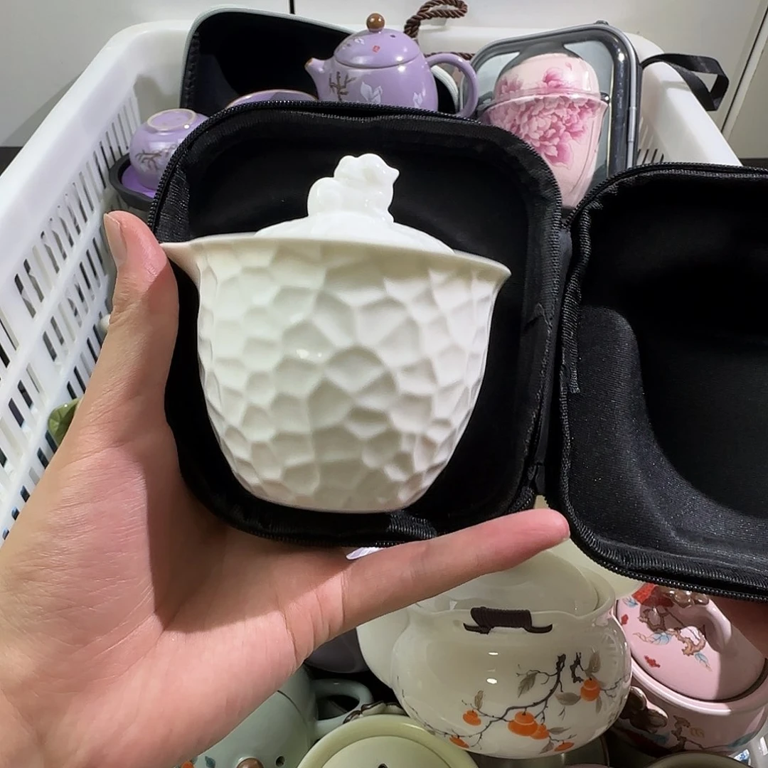 瓷片羊脂玉锤纹快客一壶两杯套装