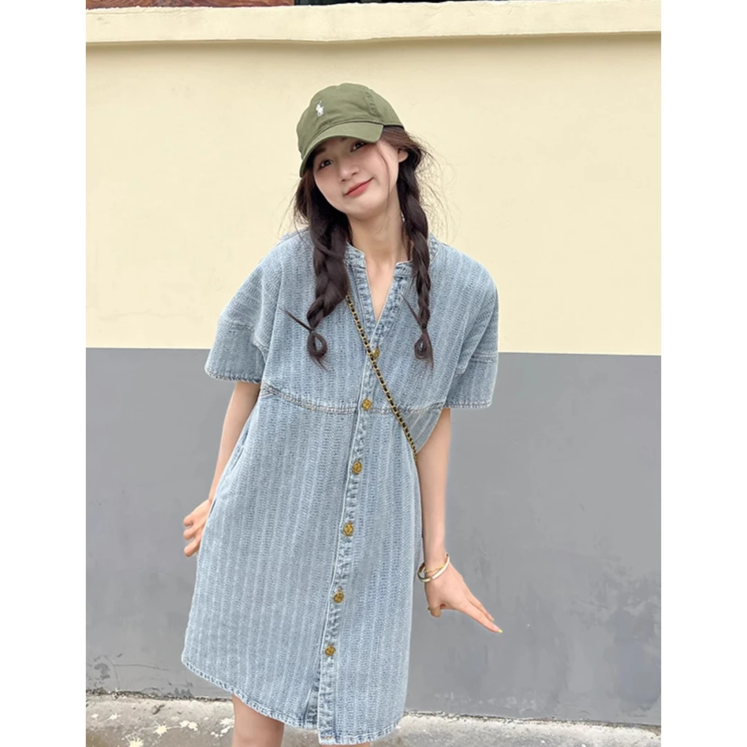 休闲条纹牛仔连衣裙女夏季2025新款小个子梨形身材微胖遮肉衬衫裙