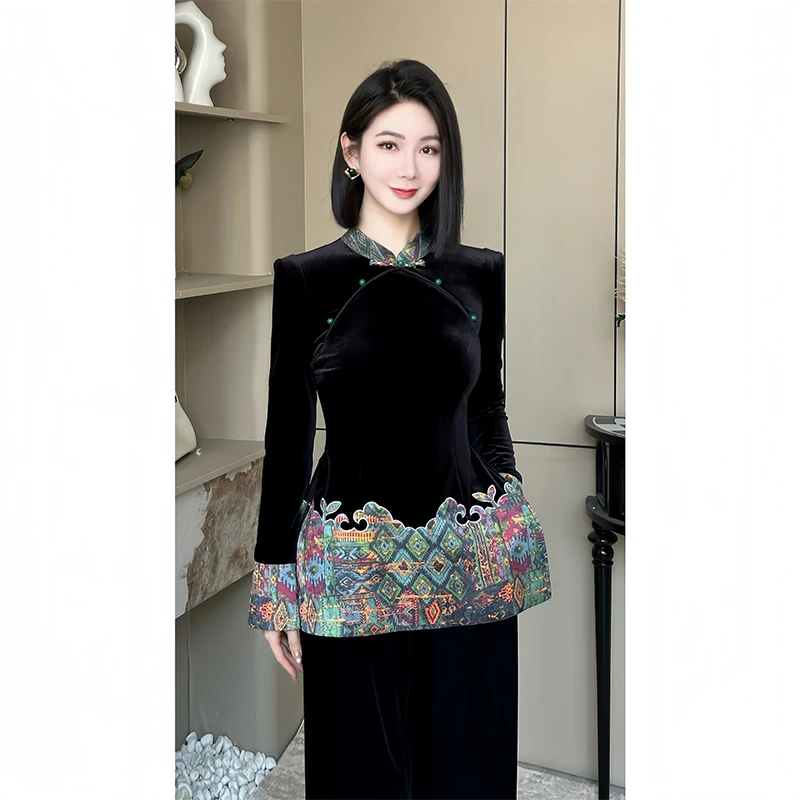 格娜新款秋冬加绒黑色新中式国风丝绒拼接裁片高档显贵秋季两件套