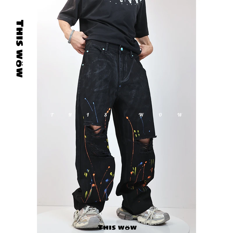THIS WOW巴黎风手绘艺术破洞牛仔裤美式高街ins裤子夏季潮