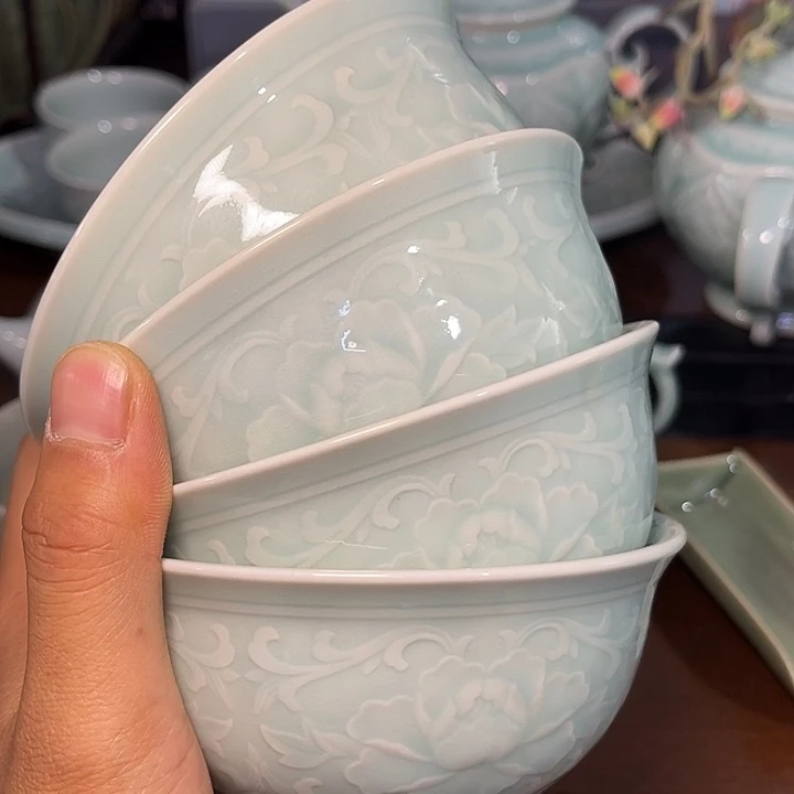 瓷微瑕天青色 4.7 英寸牡丹碗 4 只