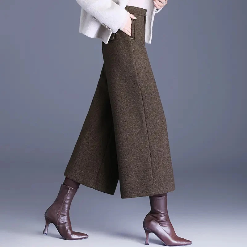 今年流行爆款羊毛呢阔腿裤女秋冬季加厚宽松小个子九分直筒休闲裤