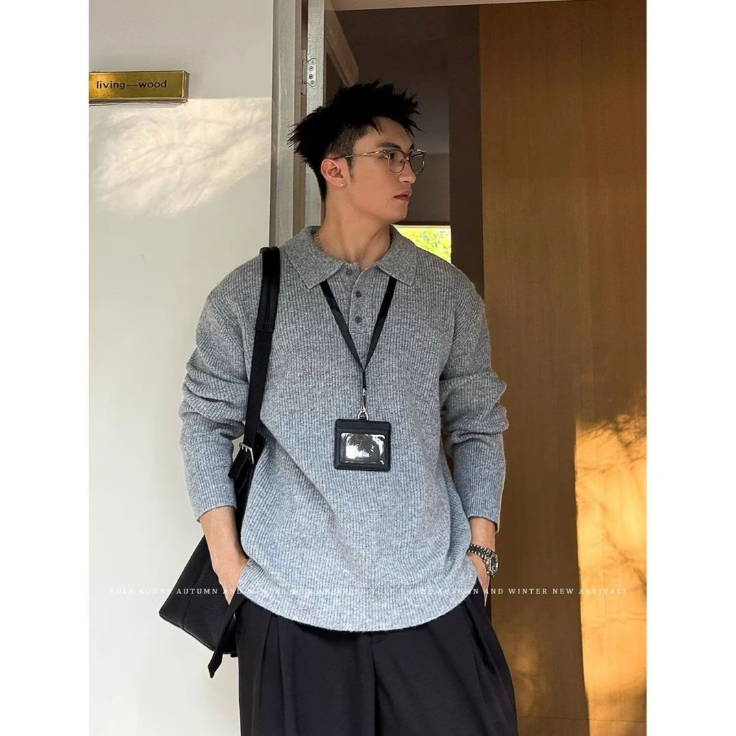 港风秋冬季慵懒舒适休闲针织衫简约百搭翻领针织衫纯色毛衣男生款