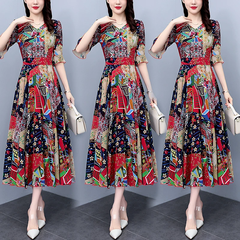 夏季新款雪纺碎花连衣裙大码收腰显瘦遮肚mm胖春秋大码连衣裙裙子