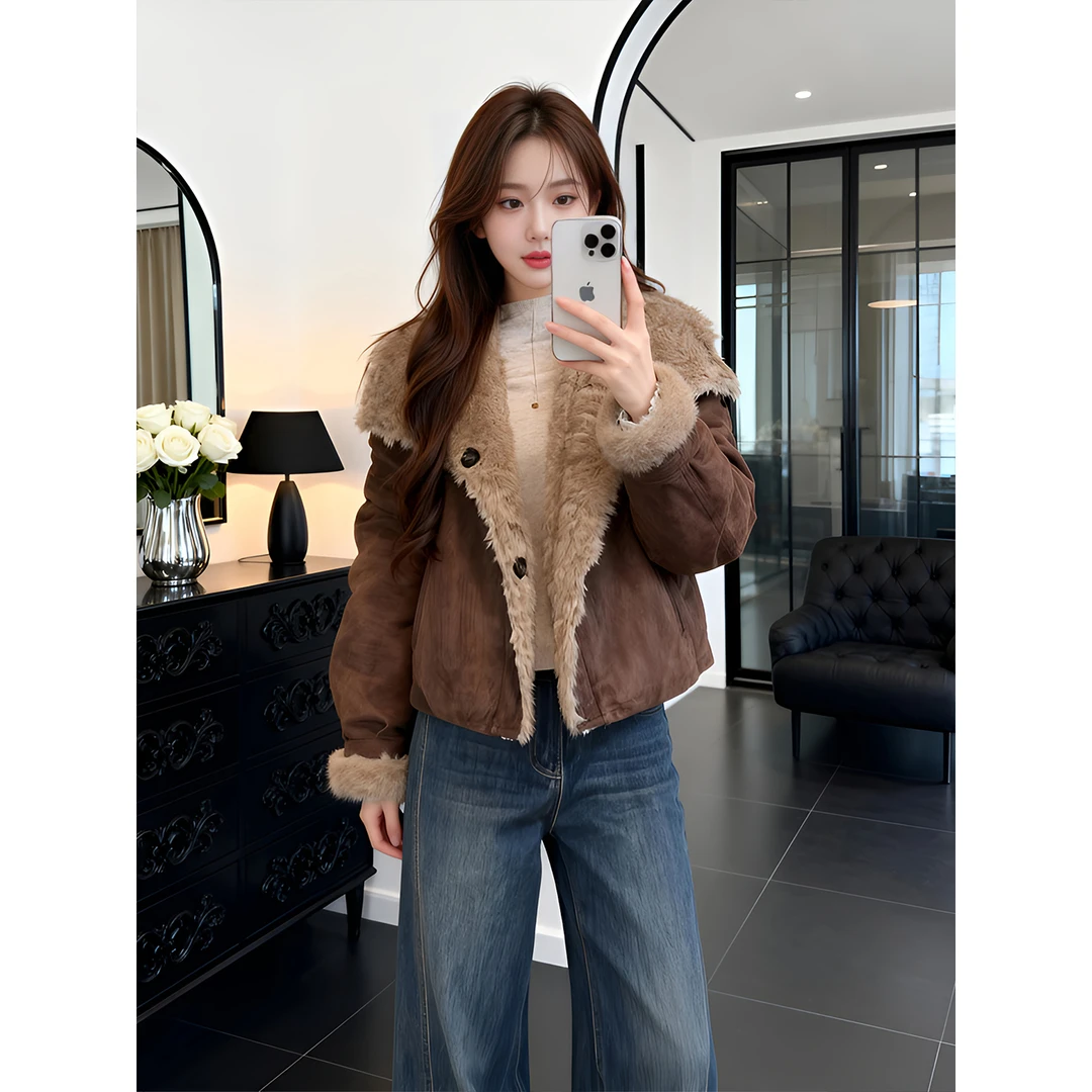 韩系穿搭加绒加厚休闲短外套冬季2025新款时尚拼接双面穿保暖夹克