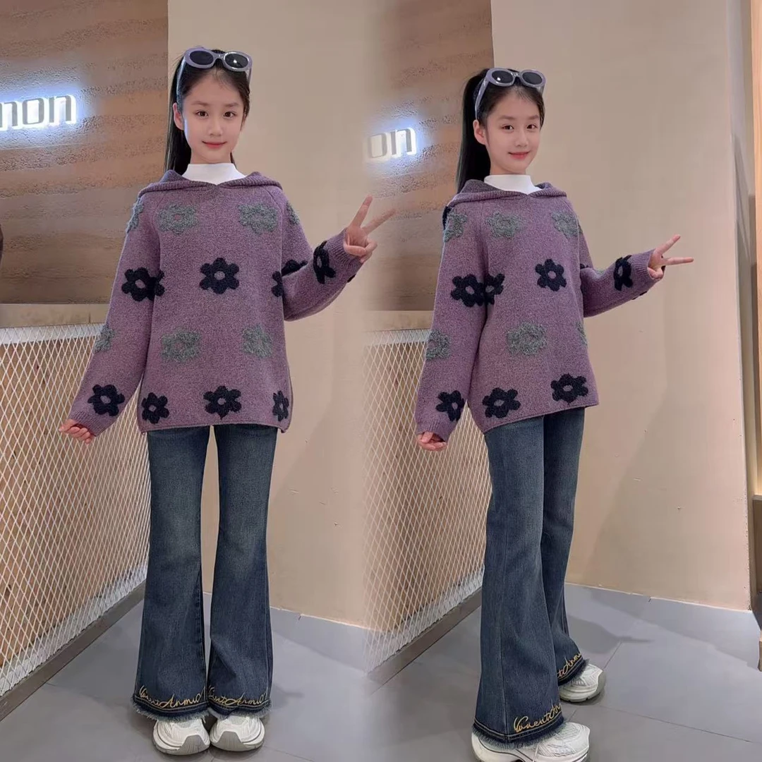 女童冬款加厚花朵毛衣加绒喇叭裤套装儿童洋气针织时尚百搭宽松