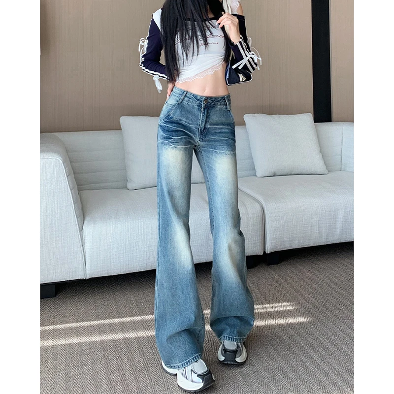 复古蓝新款潮流设计感百搭2025年秋季小个子水洗显瘦美式喇叭裤子