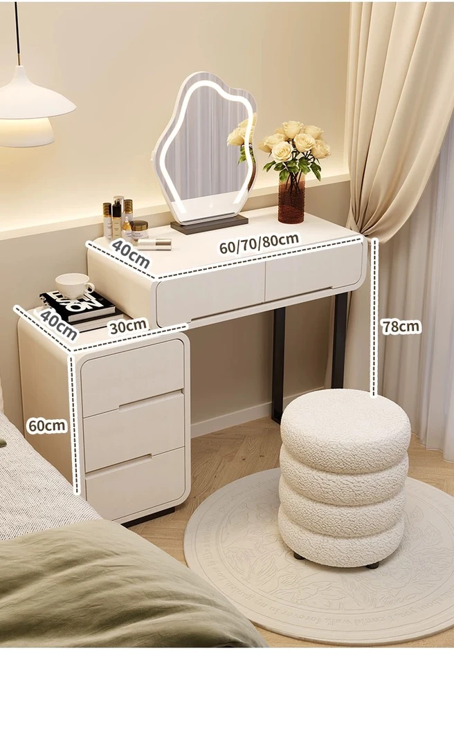 实木烤漆梳妆台卧室简约现代小型迷你轻法奶油风化妆桌收纳柜一体