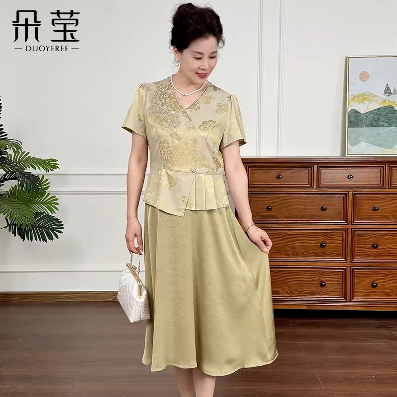 年轻国风气质妈妈优雅洋气连衣裙女装夏装时尚显瘦长裙子25A-11