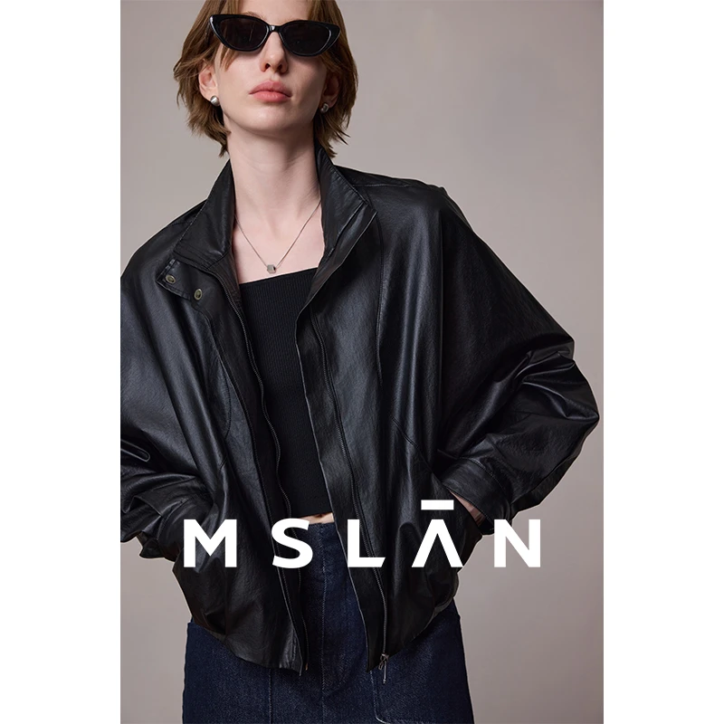 MSLAN【极简主义】秋纸感立领机车皮衣短款廓形显瘦夹克外套MGCW549