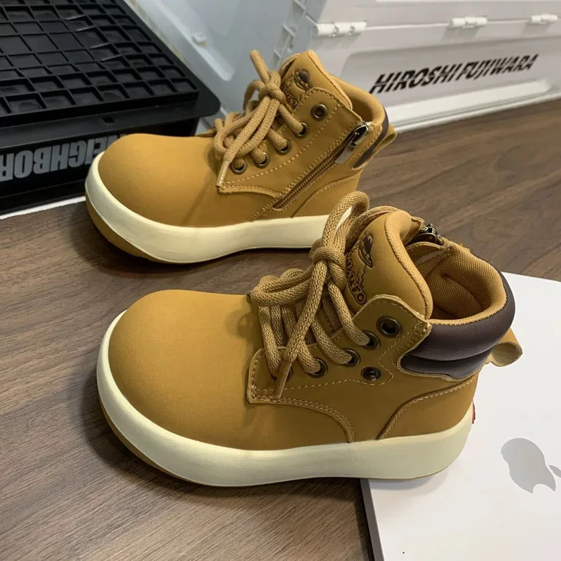 甜酷新版~日系软底厚底大头丑萌大黄靴男女童短靴子工装靴马丁靴