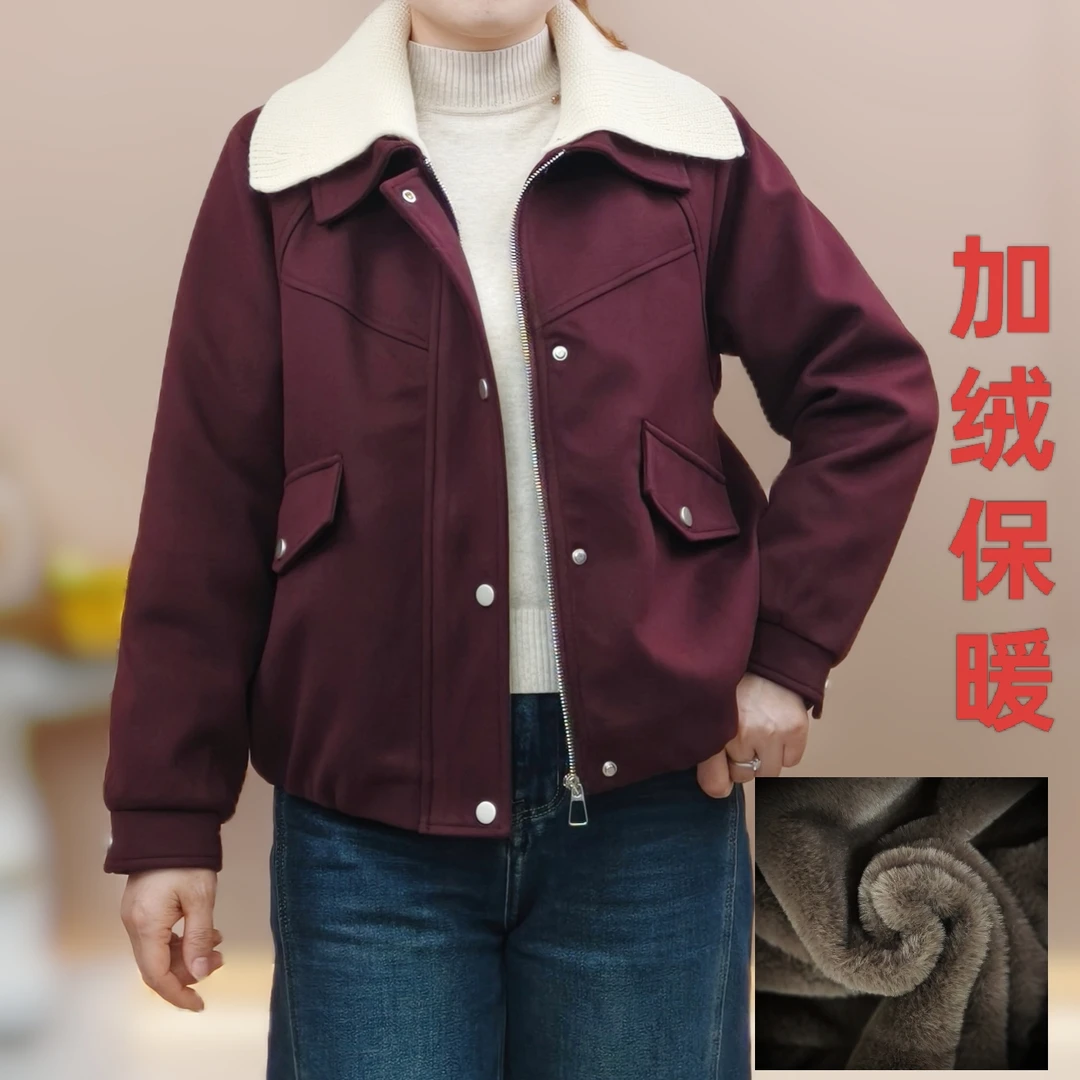 加绒加厚双层领翻领短款单排扣绒内胆常规款冬季风短外套女士