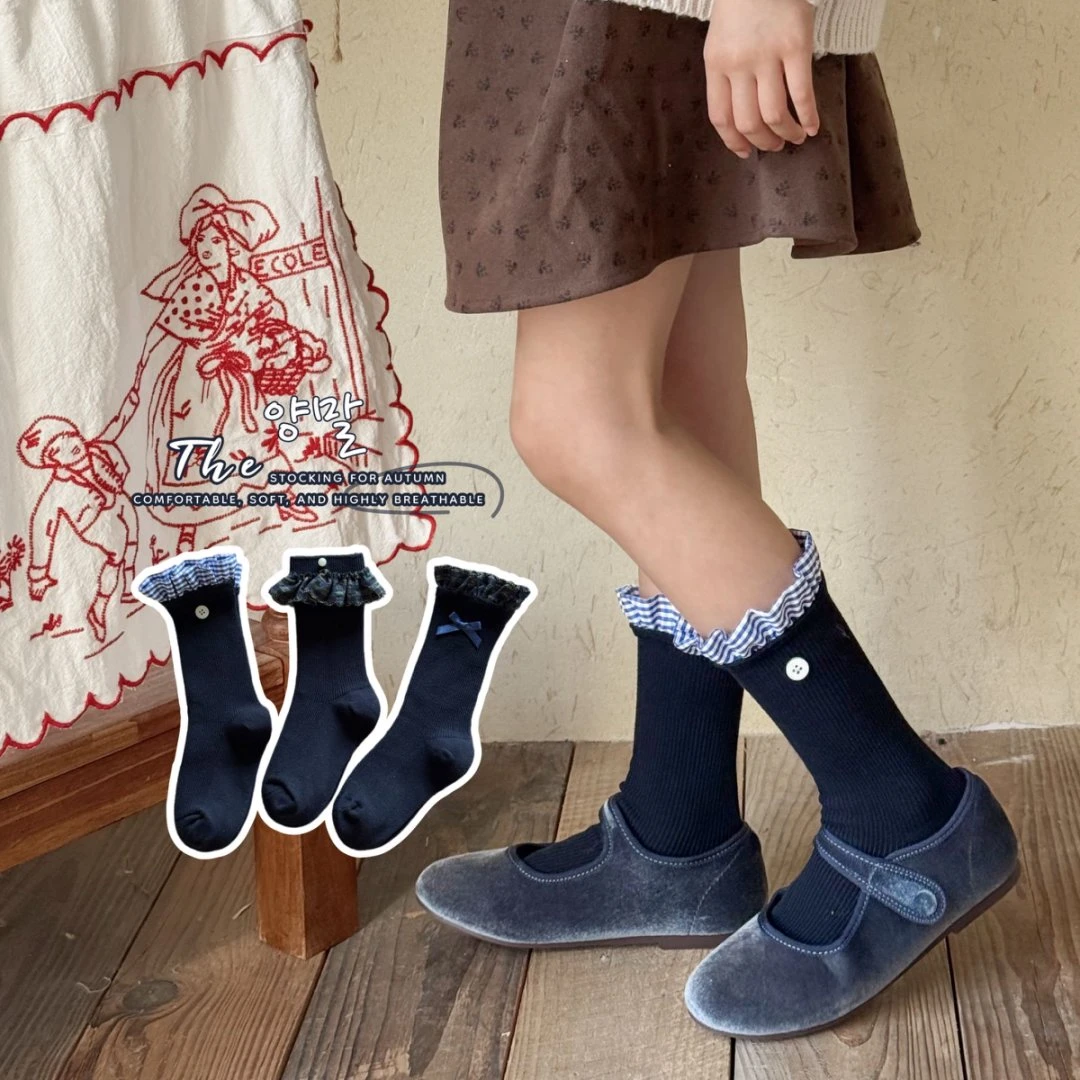 女童袜子春秋棉儿童中筒袜深蓝色miu系格子花边女孩小腿袜秋天