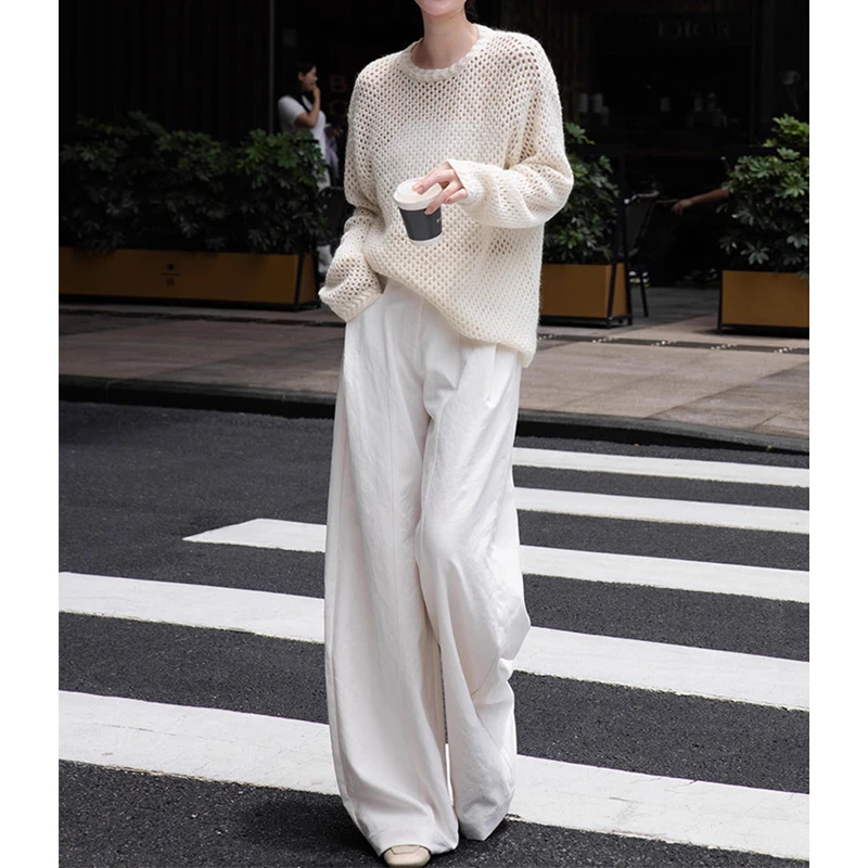 早秋大方得体一整套气质女神范慵懒松弛感杏色镂空针织上衣套装裤