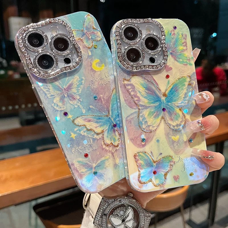 适用苹果系列iPhone16新款手机壳梦幻优雅琉璃蝴蝶扭边钻框保护套