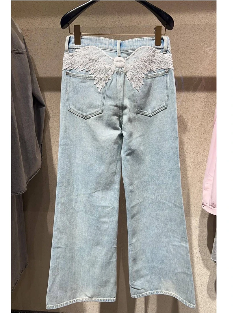 【银翼牛仔】2025夏季新款牛仔裤女重工钉珠羽翼微喇叭牛仔裤