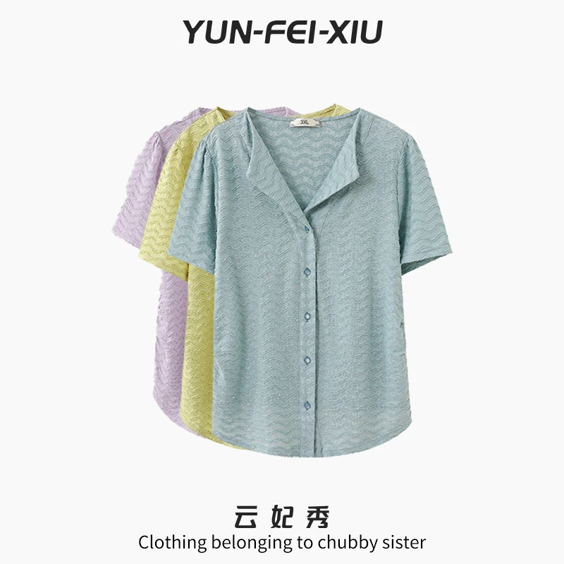 云妃秀大码女装衬衫时尚休闲胖妹妹宽松显瘦遮肉韩版上衣夏季8015