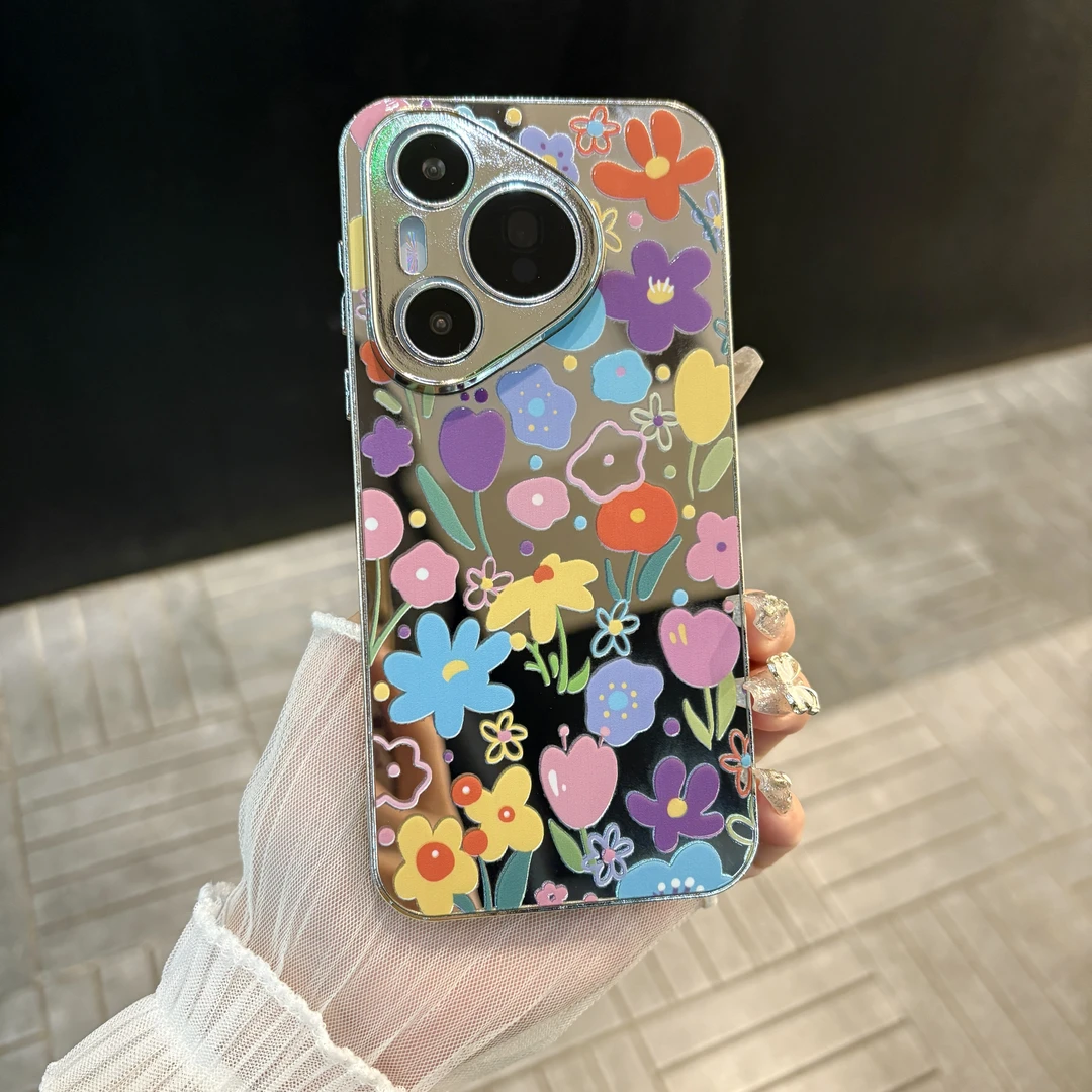 苹果/华为/oppo/vivo/小米 涂鸦花朵适用pura70电镀镜面手机壳