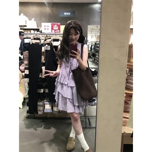 夏季穿搭小众设计感压褶韩系套装系带背心不规则短裙半身裙两件套