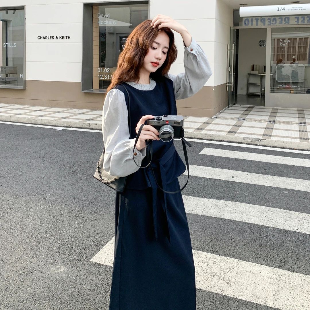 巨好看的早秋套装裙撞色拼接木耳边假两件上衣高腰半身裙两件套