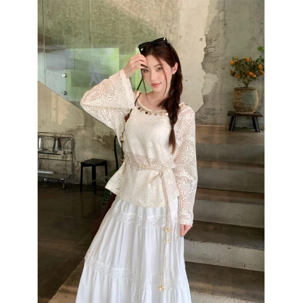 夏季度假风氛围感穿搭精致镂空针织罩衫浪漫白色半身长裙两件套女