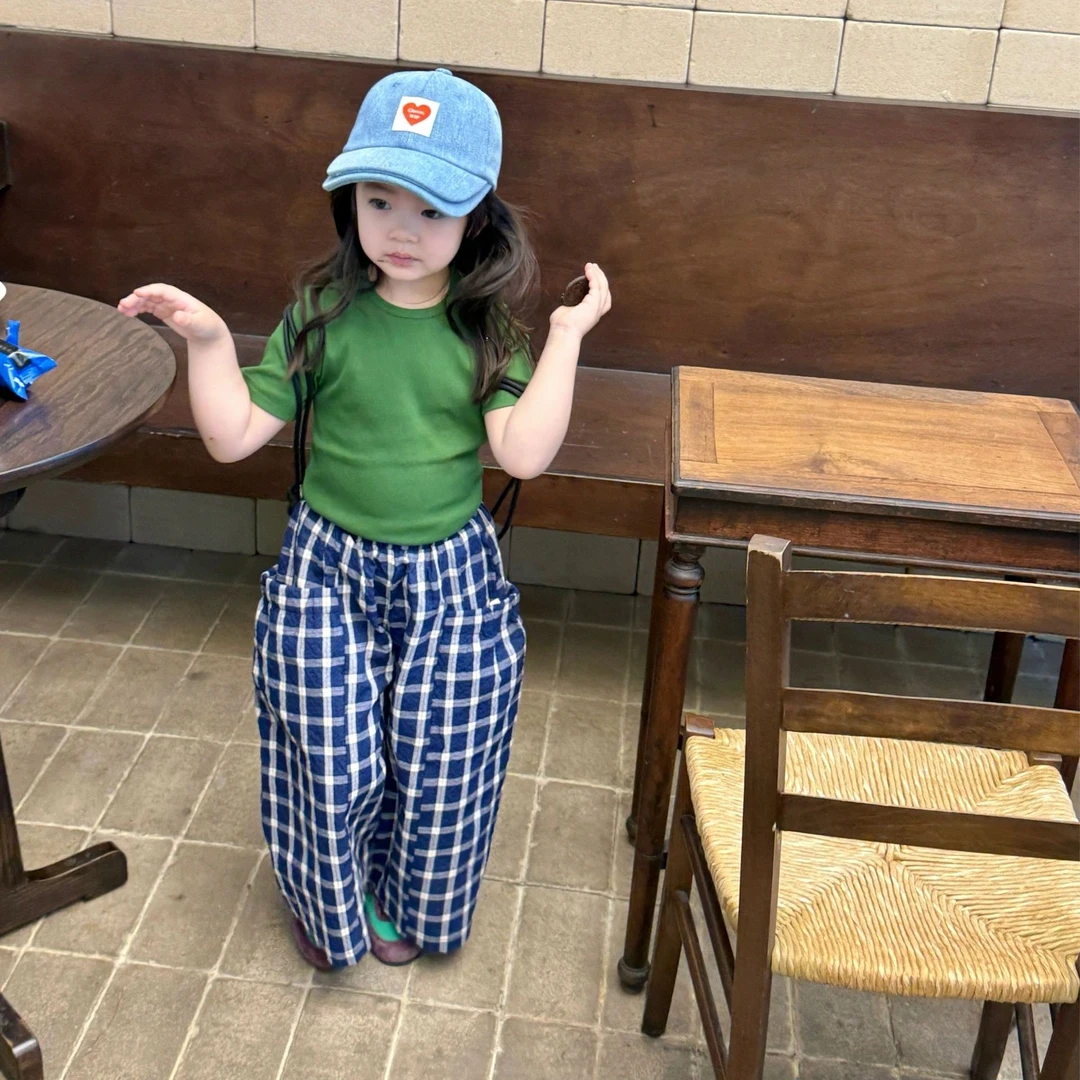 壹妈小女孩洋气韩范衣服2025夏装新款绿色短袖格子休闲裤女童服装