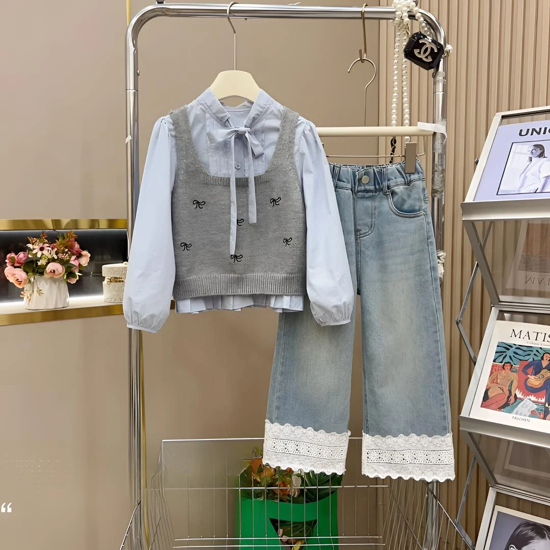 女童0425春季新款韩版洋气学院风毛衣马甲+衬衫+牛仔直筒裤套装潮