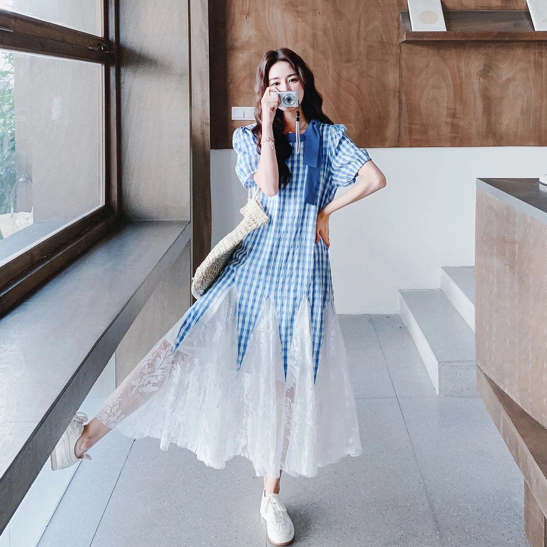 蕾丝拼接格子连衣裙女夏季2025新款甜美减龄泡泡袖宽松显瘦长裙子