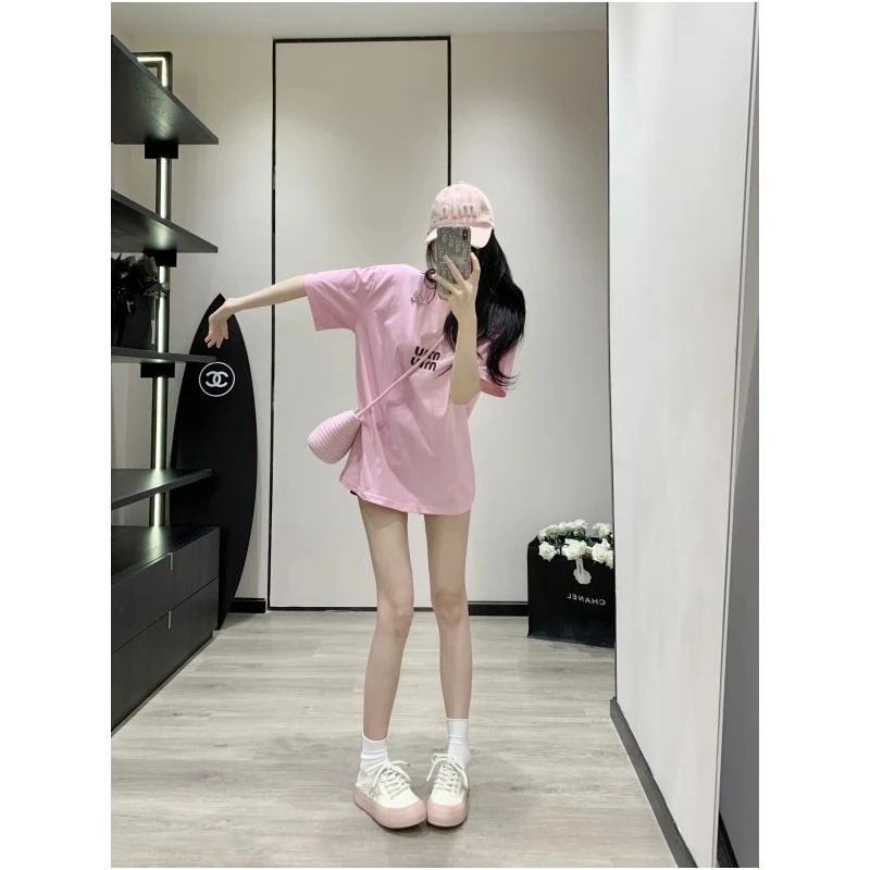 2025夏季新款百搭短袖T恤女时尚宽松百搭显瘦字母印花潮休闲上衣