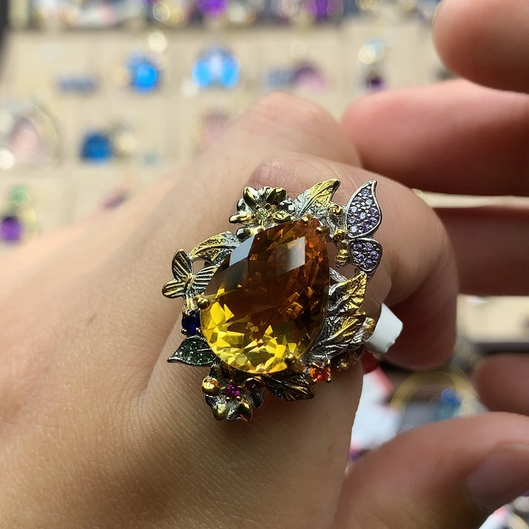 水晶戒指银S925镀金镶嵌