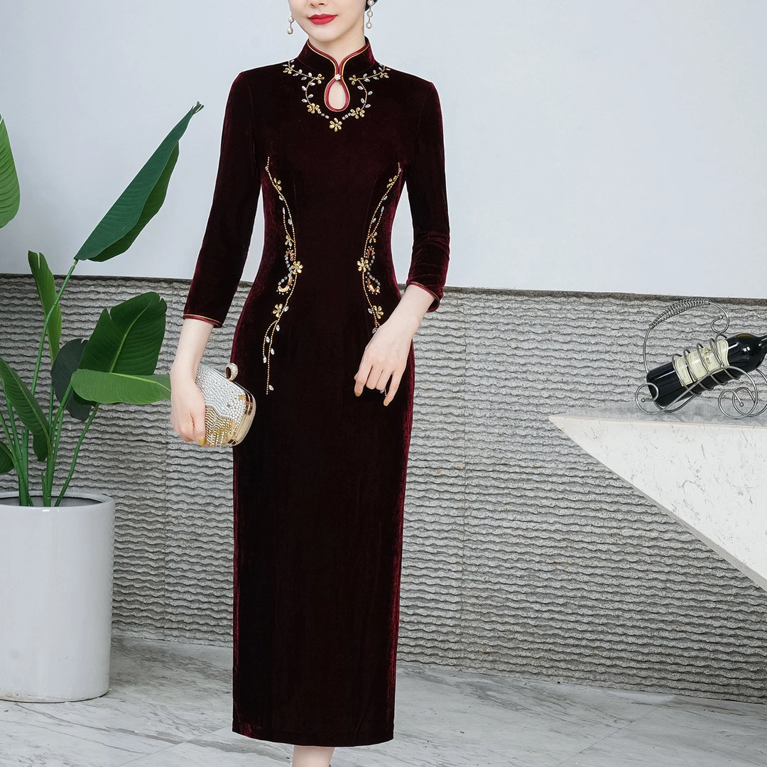 复古旗袍丝绒秋季新款宴会礼服结婚喜婆婆妈妈装气质长袖显瘦旗袍