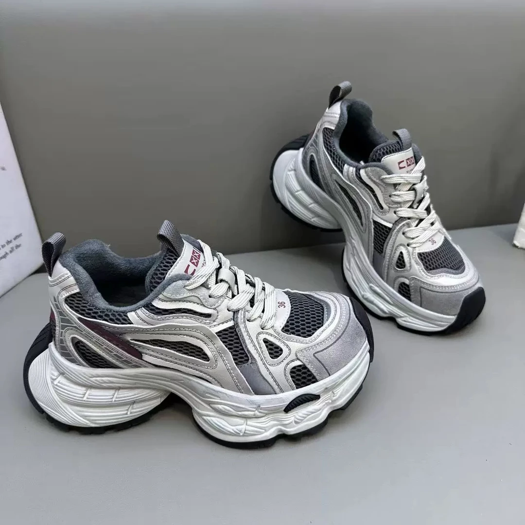 2025秋冬女鞋5厘米厚底网面真皮做旧增高老爹鞋透气运动休闲鞋