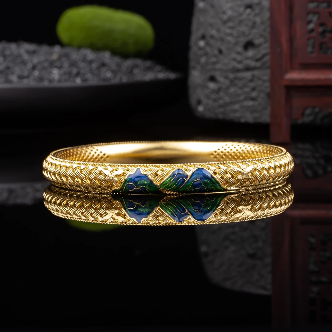 足银手镯 千里江山珐琅手镯复古时尚29.28g