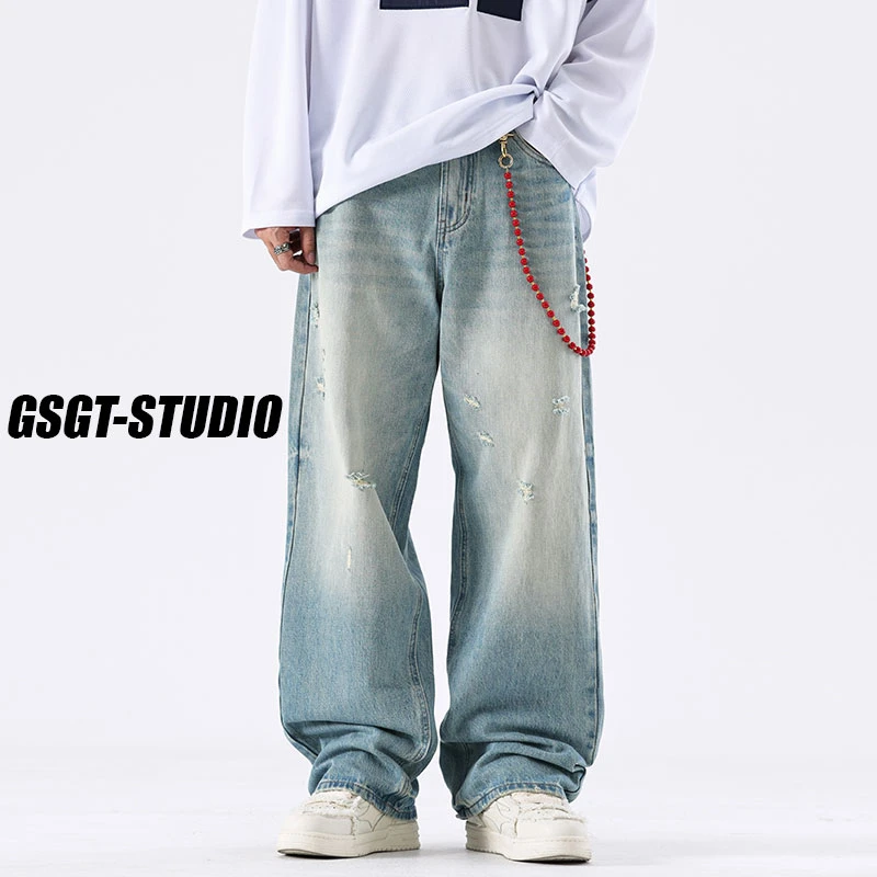 GSGT-2025春夏新款ins高级感宽松直筒baggy牛仔裤vibe浅冰蓝长裤