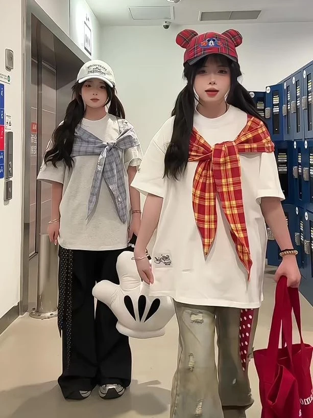 美式复古格纹蝴蝶结设计感短袖t恤女夏季宽松慵懒风纯棉半袖上衣