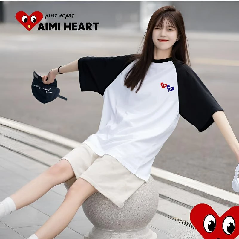 爱米桃心 【品牌正品】双爱心刺绣插肩纯棉短袖男女款情侣宽松百搭