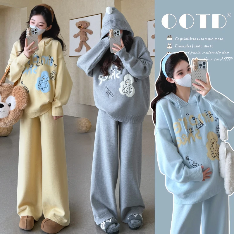 孕妇秋冬时尚刺绣连帽休闲套头毛衣+时尚阔腿裤套装