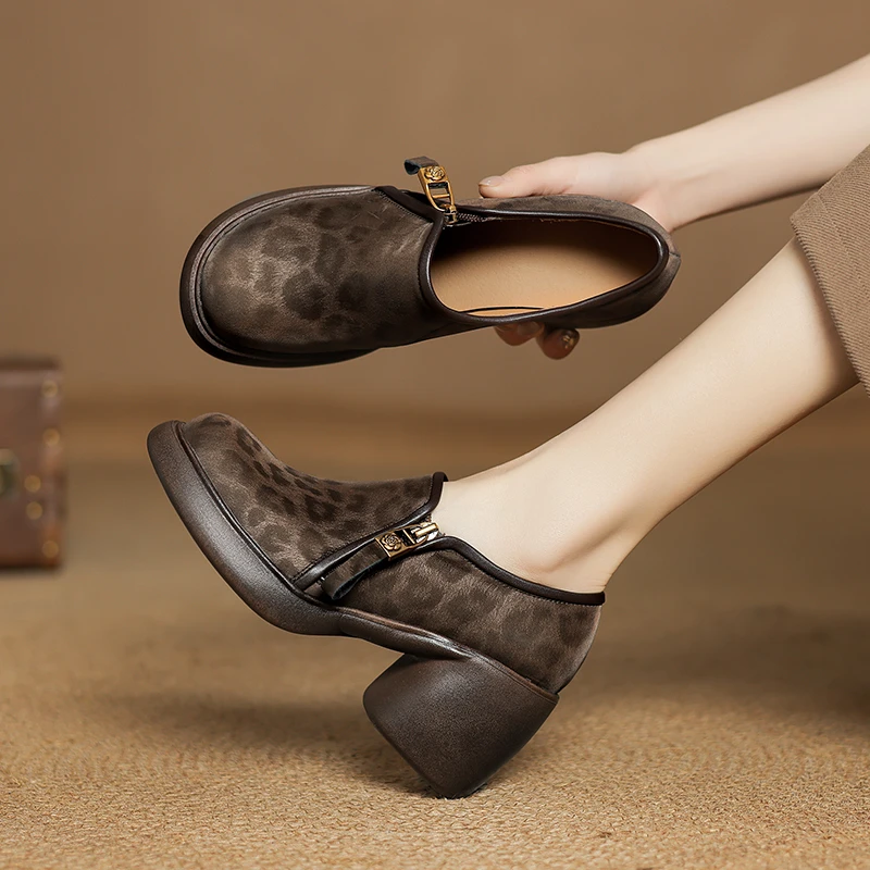 牛皮/跟高8cm/春秋百搭真皮复古粗跟英伦风方头中跟舒适妈妈单鞋